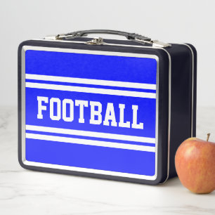 FOOTBALL Bold Bright Blue White Racing Stripes Metal Lunch Box
