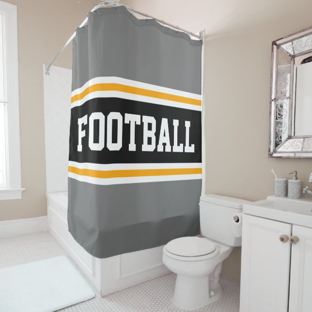 FOOTBALL Bold Grey Black Yellow Racing Stripes Shower Curtain (In Situ)