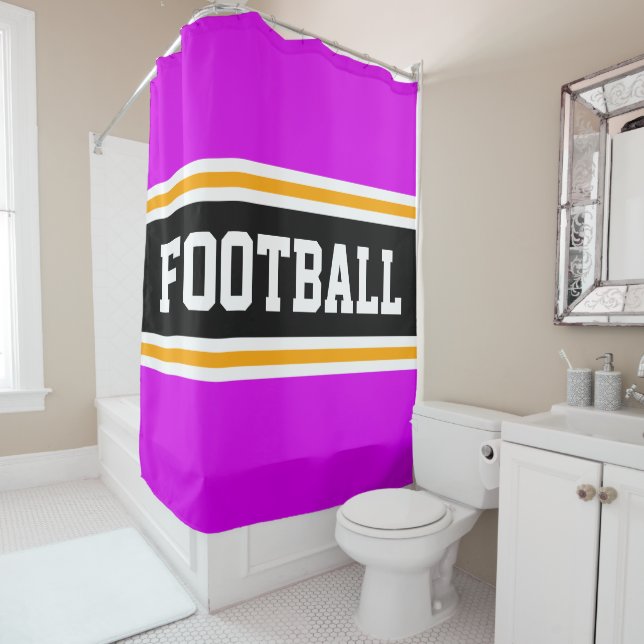 FOOTBALL Bold Pink Black Yellow Racing Stripes Shower Curtain (In Situ)