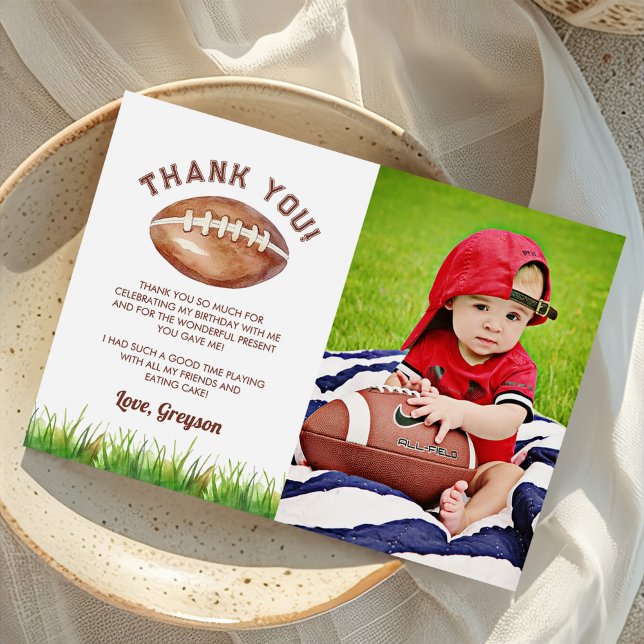 Football Boy 1st Birthday Photo Thank You Card (Creator Uploaded)