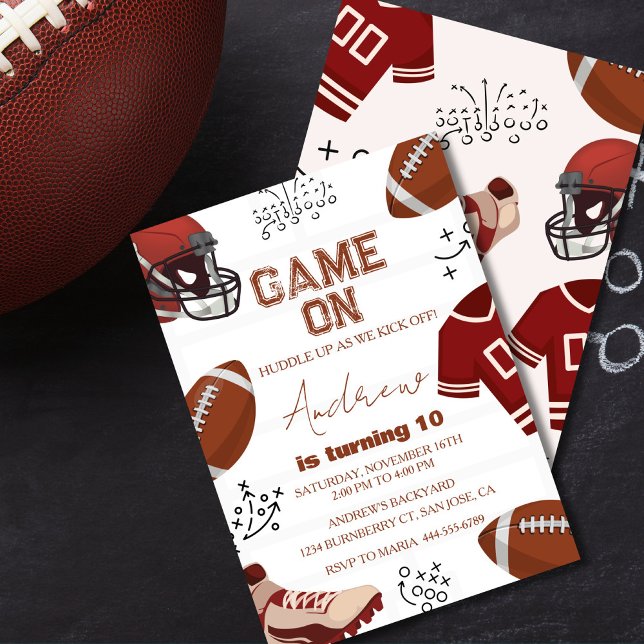 Football Boy Birthday Party Sports Invitation (Football birthday invitation with bold “Game On” text and sporty design.)