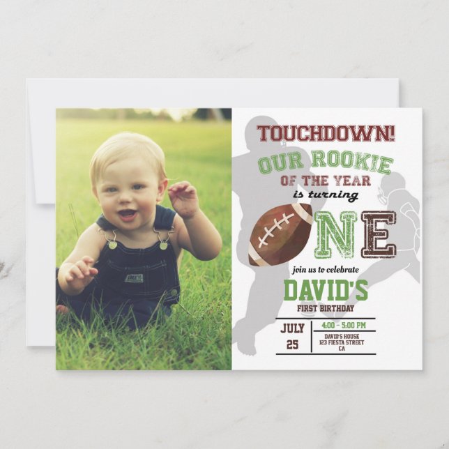 Football Boy First Birthday Photo Rookie Of Year Invitation (Front)