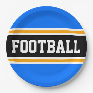 FOOTBALL Bright Blue Black Yellow Racing Stripes Paper Plate