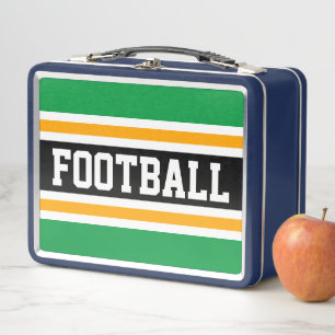 FOOTBALL Bright Green Black Orange Racing Stripes Metal Lunch Box