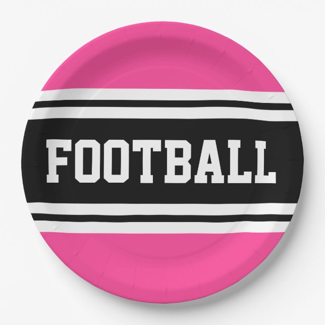 FOOTBALL Bright Pink Black White Racing Stripes Paper Plate (Front)