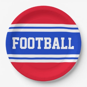 FOOTBALL Bright Red White Blue Racing Stripes Paper Plate