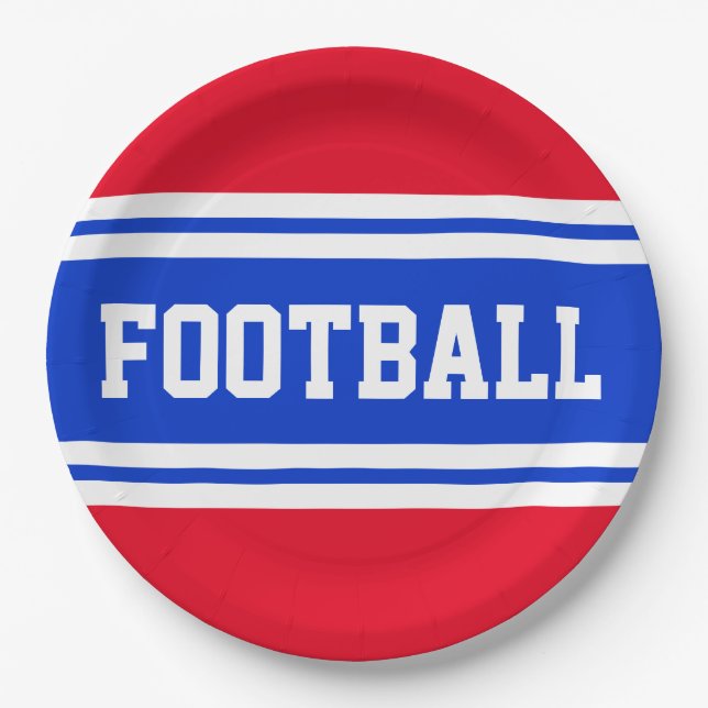 FOOTBALL Bright Red White Blue Racing Stripes Paper Plate (Front)