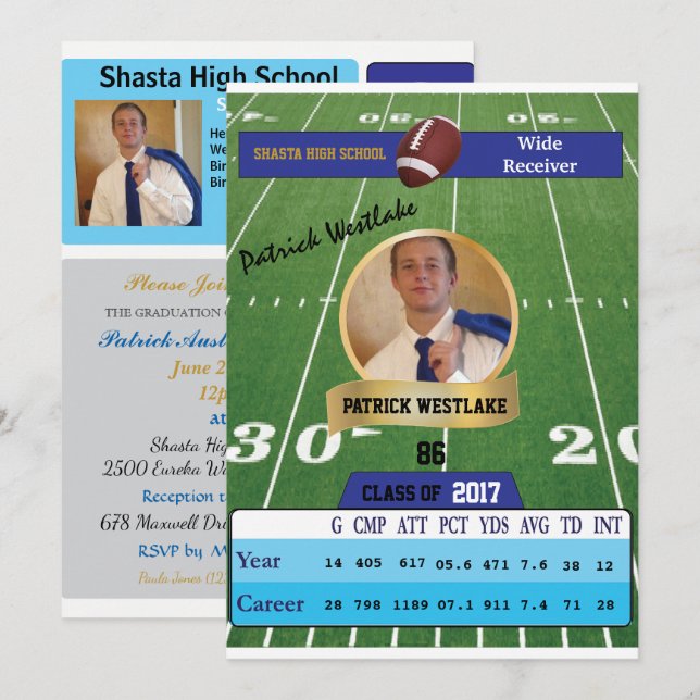 Football Card W/ Stats Grad Invitations - blue (Front/Back)