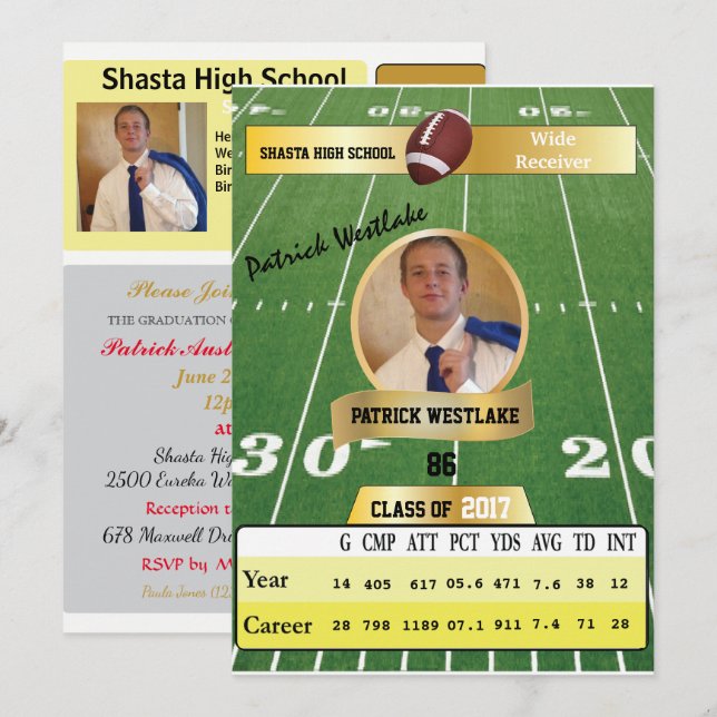 Football Card W/ Stats Grad Invitations - gold (Front/Back)
