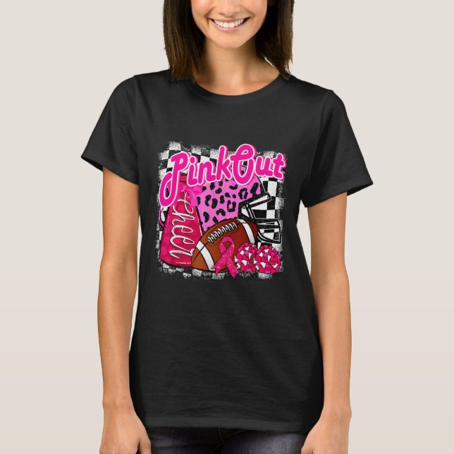 Football Checkered Nk Out Breast Cancer Cheer Mom  T-Shirt (Front)