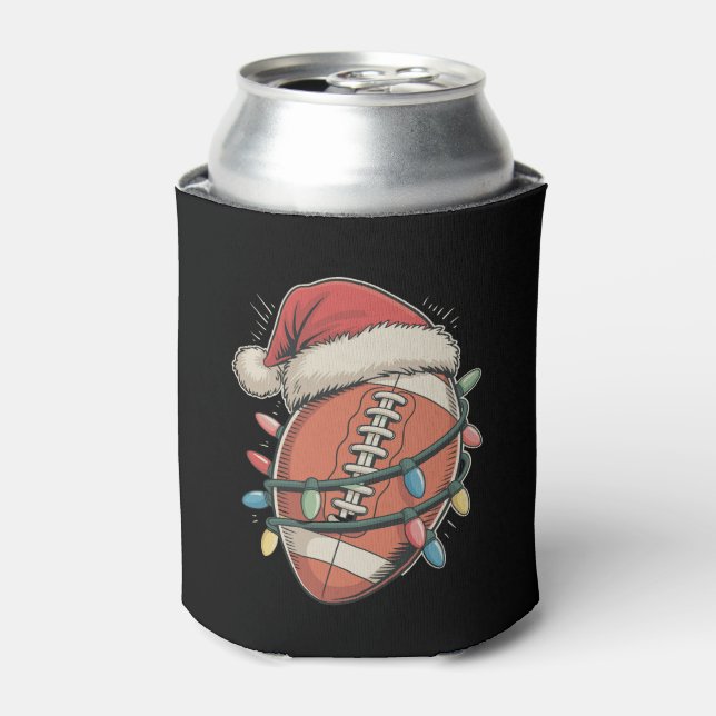 Football Christmas Santa Hat Holiday Sports Can Cooler (Can Front)