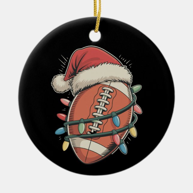 Football Christmas Santa Hat Holiday Sports Ceramic Tree Decoration (Front)
