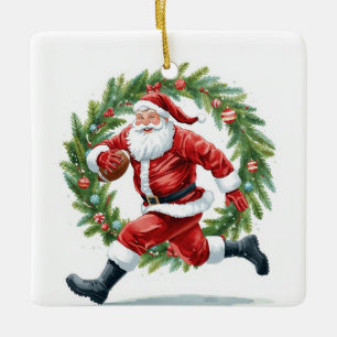 Football Christmas with Santa Claus Ceramic Ornament