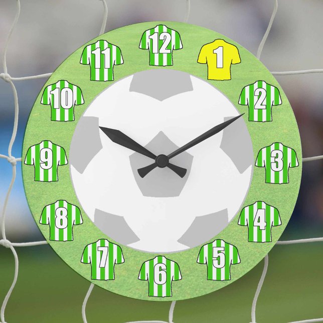 Football Clock - with green striped Shirts (Green and white striped football shirts on a clock)