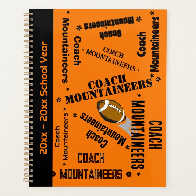Football Coach Team Personalised Orange and Black Planner (Front)