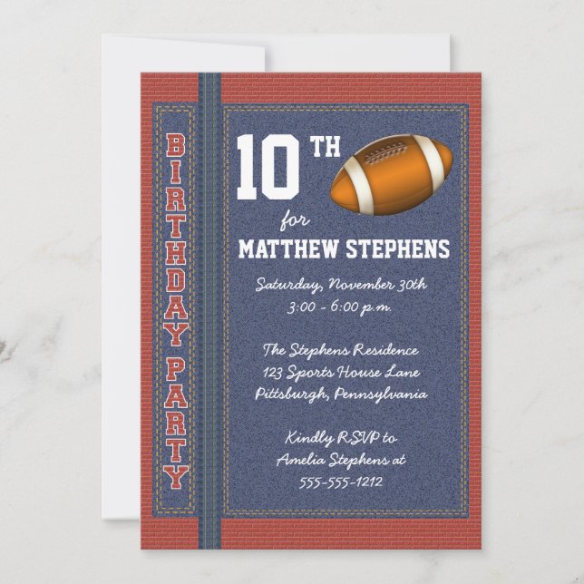 Football Denim Bricks Rustic Sports Birthday Party Invitation (Front)