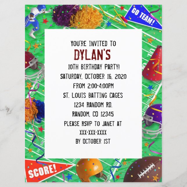 Football fan theme birthday party invitations (Front)