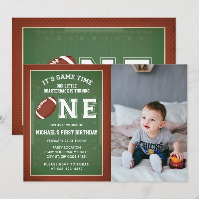 Football First Birthday Photo Invitation (Front/Back)