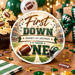 Football First Birthday Round Sticker