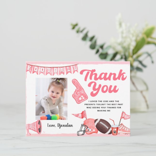 Football First Birthday Thank You Card with Photo (Standing Front)
