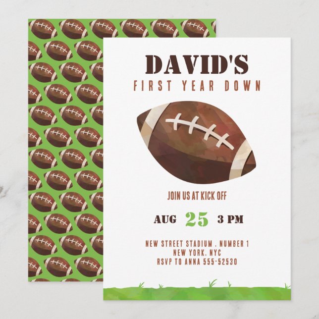 Football First Year Down 1st Birthday Boy  Invitation (Front/Back)