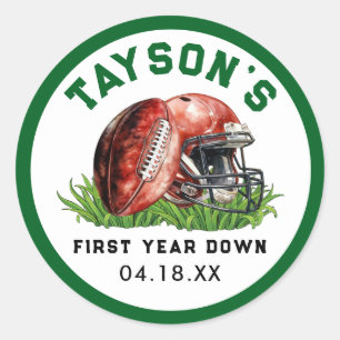 Football First Year Down 1st Birthday Classic Round Sticker