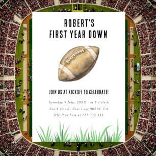 Football First Year Down 1st Birthday Party Invitation
