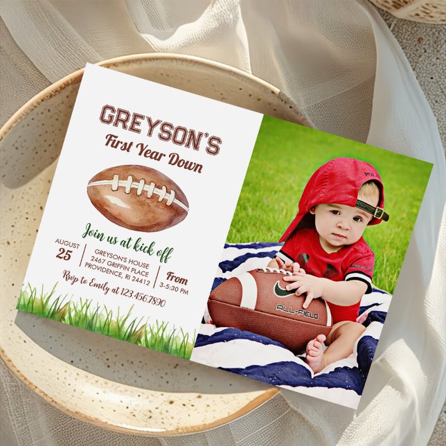 Football First Year Down 1st Birthday Party Photo Invitation (Creator Uploaded)