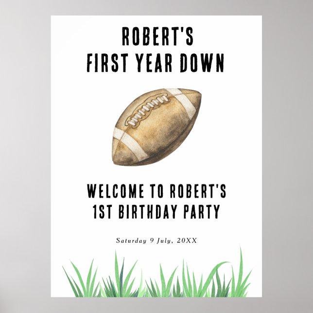 Football First Year Down 1st Birthday Party Poster (Front)