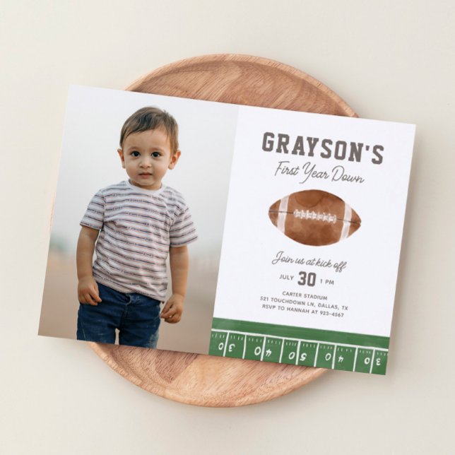 Football First Year Down 1st Birthday Photo Invitation (Creator Uploaded)