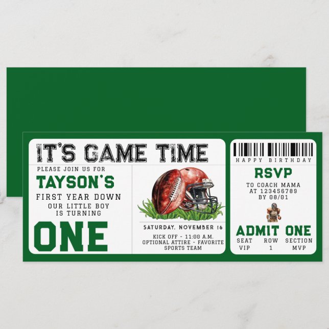 Football First Year Down 1st Birthday Ticket  Invitation (Front/Back)
