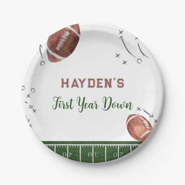 Football First Year Down Birthday Paper Plate (Front)