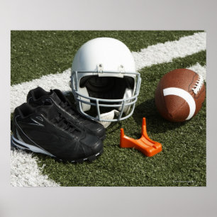 Football, football helmet, tee and shoes on poster