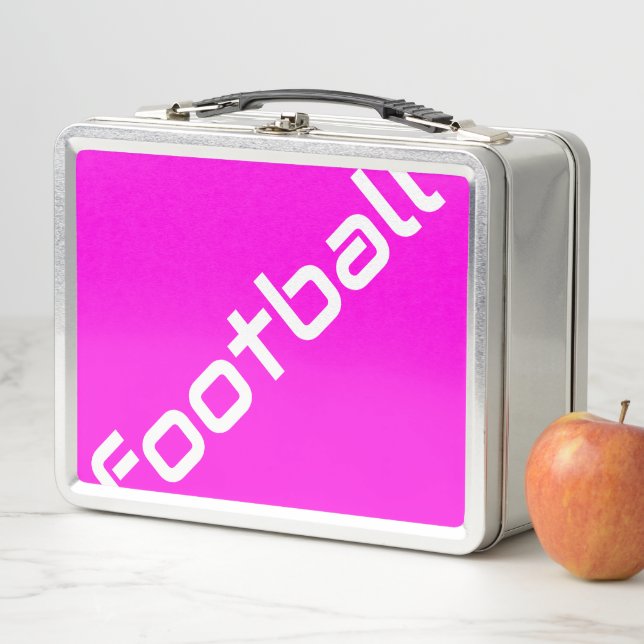 FOOTBALL Fun White Diagonal Text On Bright Pink Metal Lunch Box (In Situ)