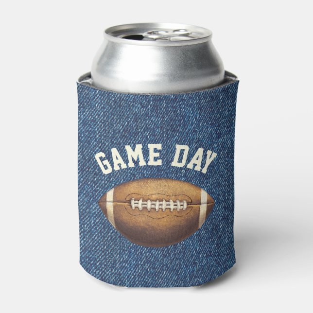 Football Game Day Blue Denim Colour Can Cooler (Can Front)