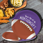 Football Game Day Purple Paper Plate<br><div class="desc">Customisable paper plates in 2 SIZES - 9" and 7" feature an American football on purple and the words "It's Game Day!" along with your name. MORE colours and matching items in our store.</div>