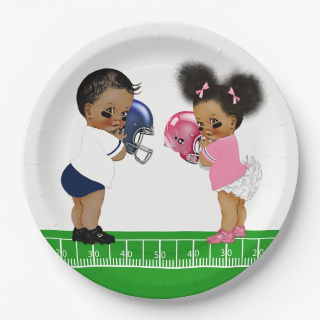 Football Gender Reveal Baby Shower Paper Plates (Front)