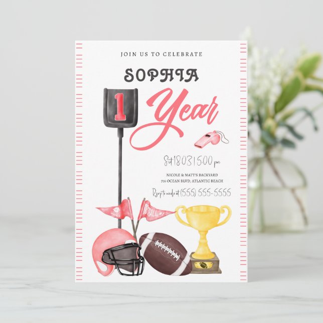 Football Girl First Birthday Invitation Card (Standing Front)