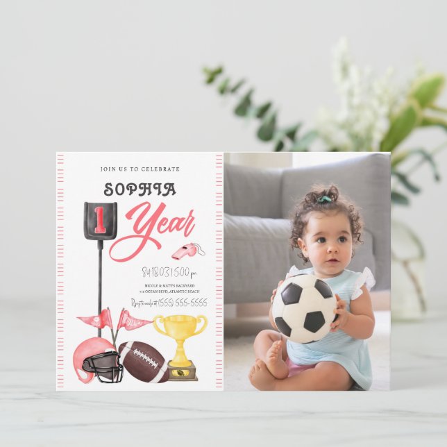 Football Girl First Birthday Invitation Card Photo (Standing Front)