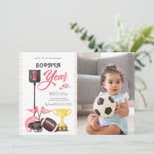 Football Girl First Birthday Invitation Card Photo