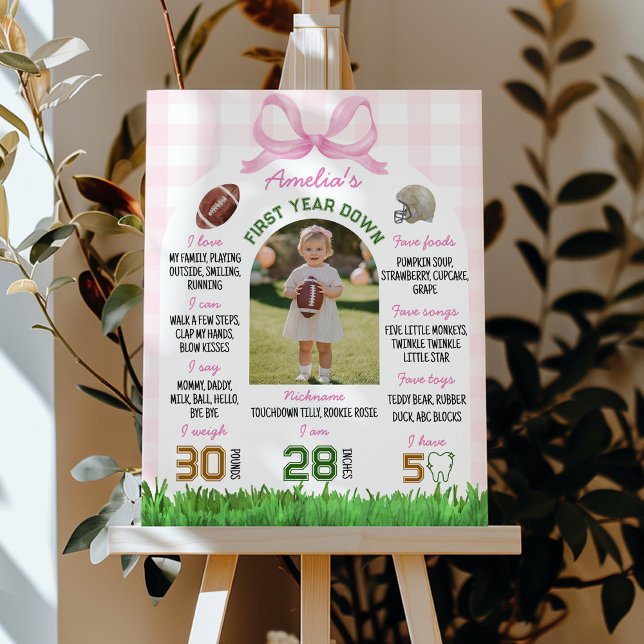 Football Girl First Birthday Pink Bow Milestone Poster (Creator Uploaded)
