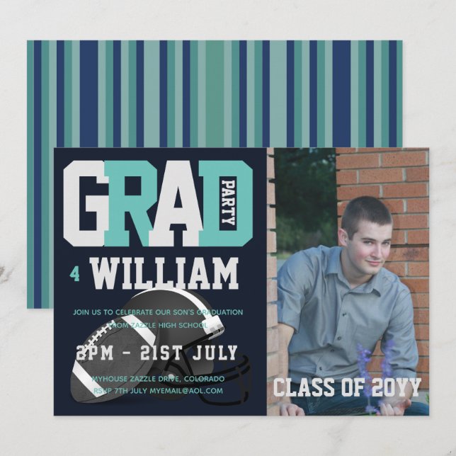 Football GRADUATION PHOTO invitation Blue (Front/Back)