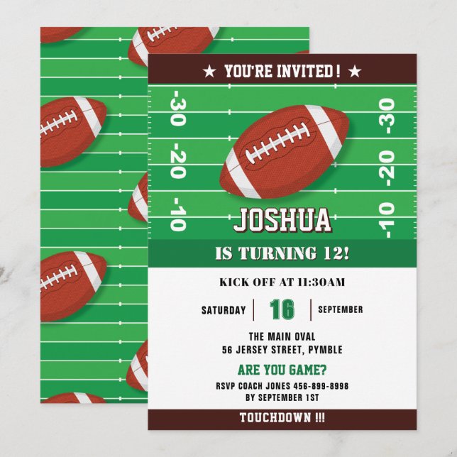 Football Green Black Birthday Party Invitation (Front/Back)