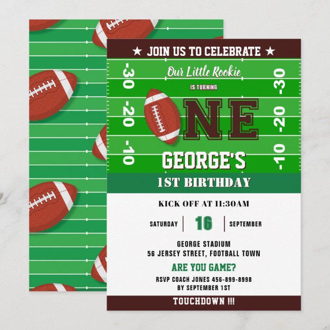 Football Green Black One 1st Birthday Party Invitation (Front/Back)