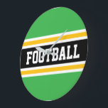 FOOTBALL Green White Black Orange Racing Stripes Large Clock<br><div class="desc">This sporty design features bold athletic FOOTBALL text inside wide black,  yellow orange,  and white racing stripes against bright green background.  The colors and text in this design can be personalized.</div>
