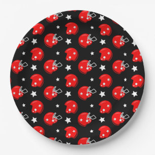 Football Helmet Sports Red Black Pattern Paper Plate