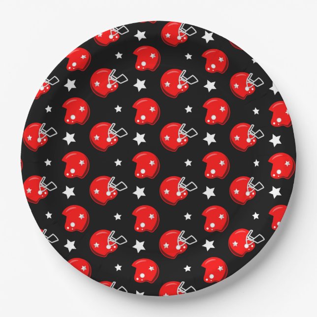 Football Helmet Sports Red Black Pattern Paper Plate (Front)