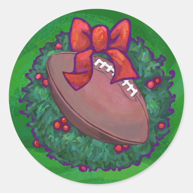 Football in Christmas Wreath on Green Classic Round Sticker (Front)