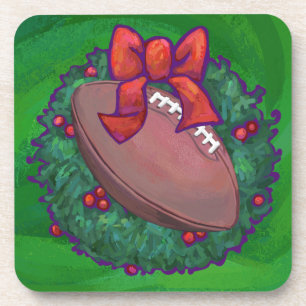 Football in Christmas Wreath on Green Coaster