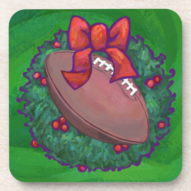 Football in Christmas Wreath on Green Coaster (Front)